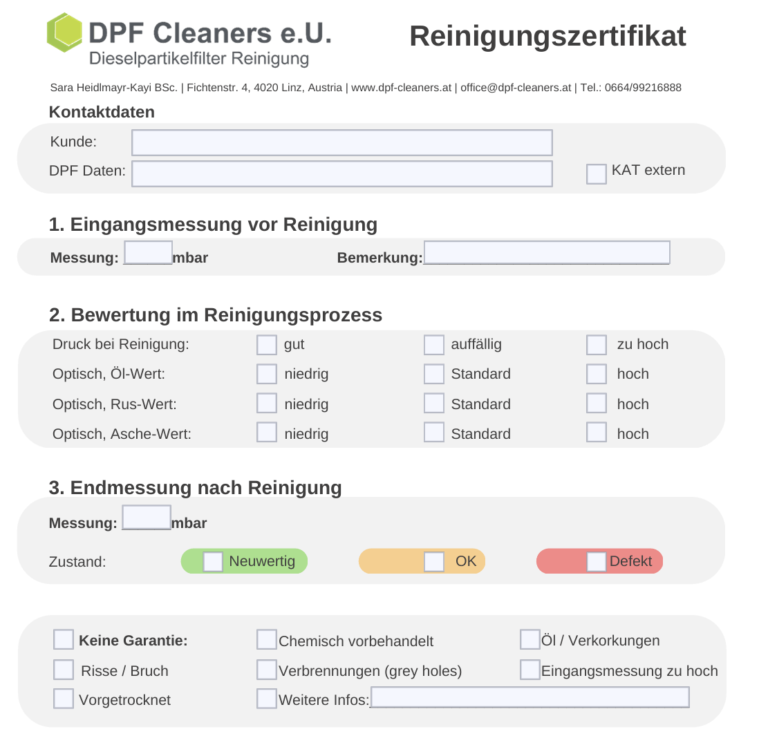 DPF Cleaners Reinigungszertifikat aus Linz – Nachweis der professionellen Dieselpartikelfilter Reinigung mit Messwerten vor und nach der Reinigung.