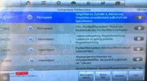 BMW-Diagnosebildschirm mit einer Liste gespeicherter Fehlercodes