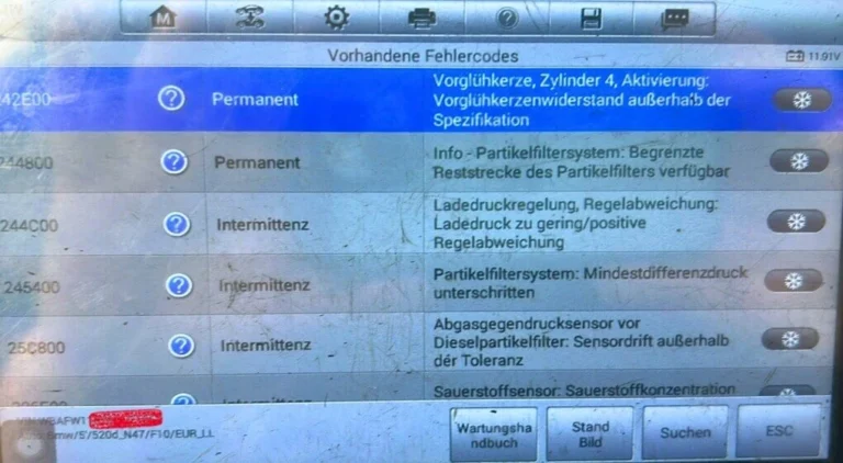 BMW-Diagnosebildschirm mit einer Liste gespeicherter Fehlercodes