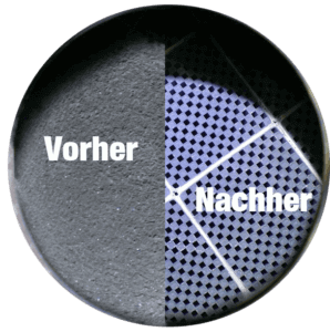 Geteilte Vorher-Nachher-Ansicht einer runden Partikelfilterfläche