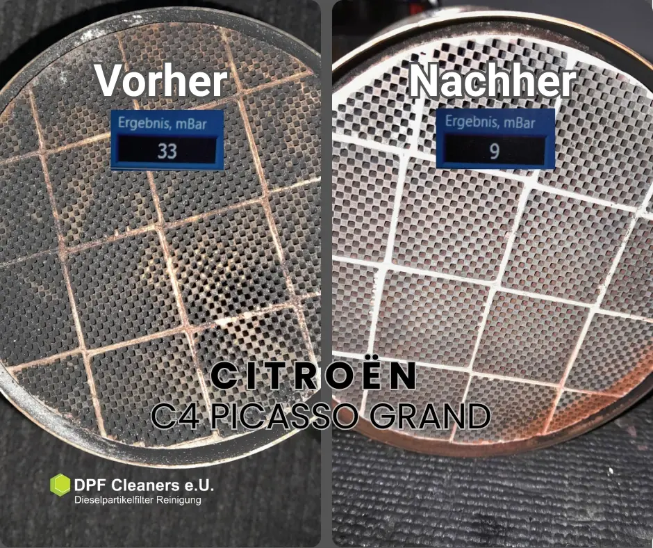 Citroën C4 Picasso Grand: Filterfläche vor und nach der Reinigung, Messwerte 33 und 9 mbar