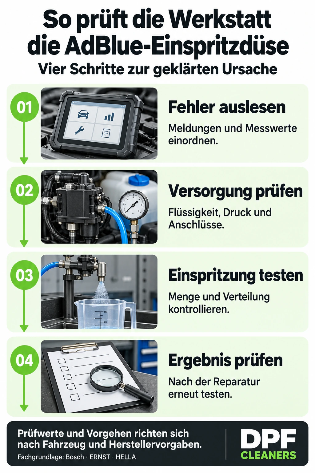 Schematische Übersicht zur Werkstattprüfung der AdBlue-Einspritzdüse mit Fehlerdiagnose, Versorgung und tatsächlicher Einspritzung.