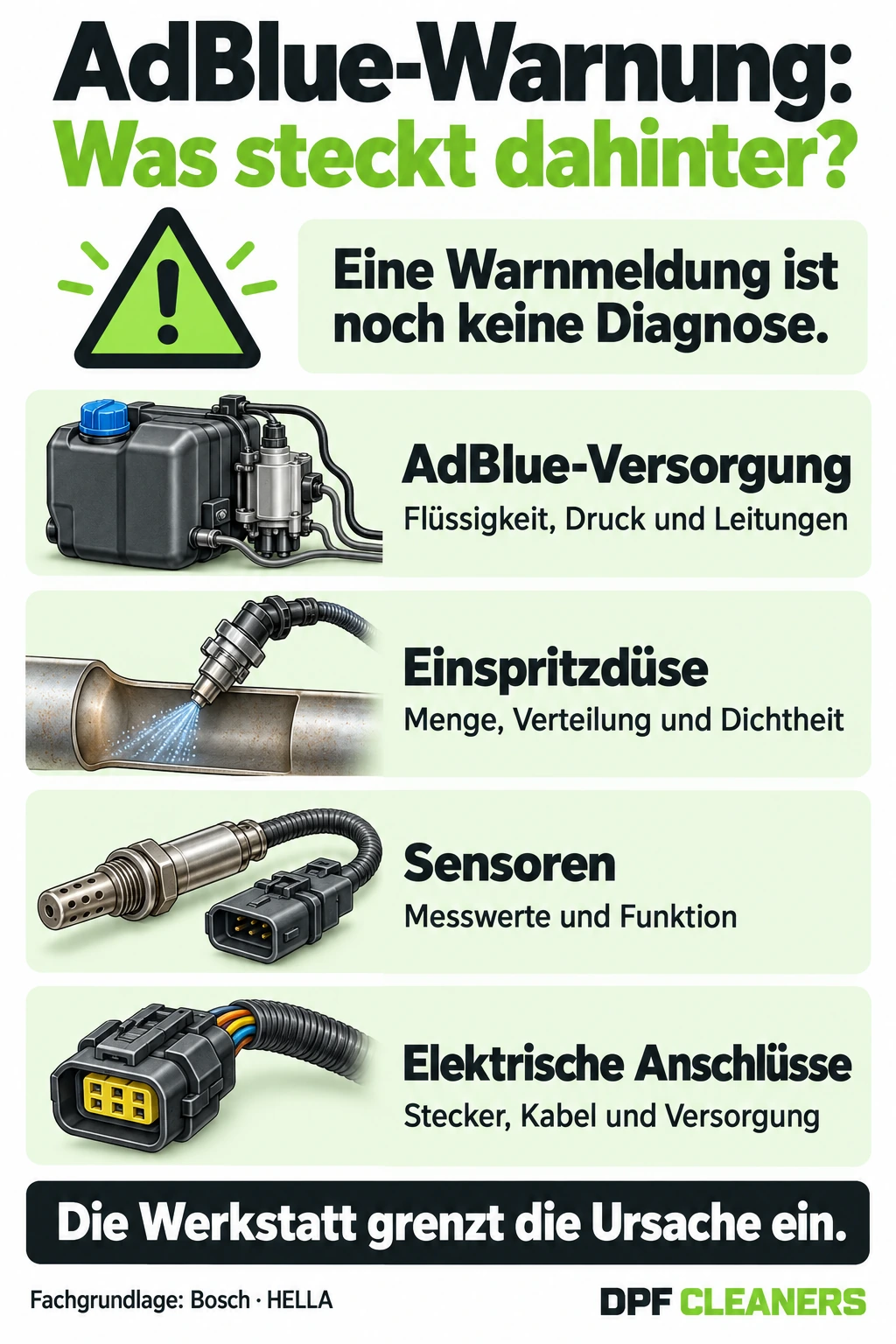 Erklärgrafik zu möglichen Prüfbereichen bei einer AdBlue-Warnmeldung; die Warnung allein beweist keinen Düsendefekt.