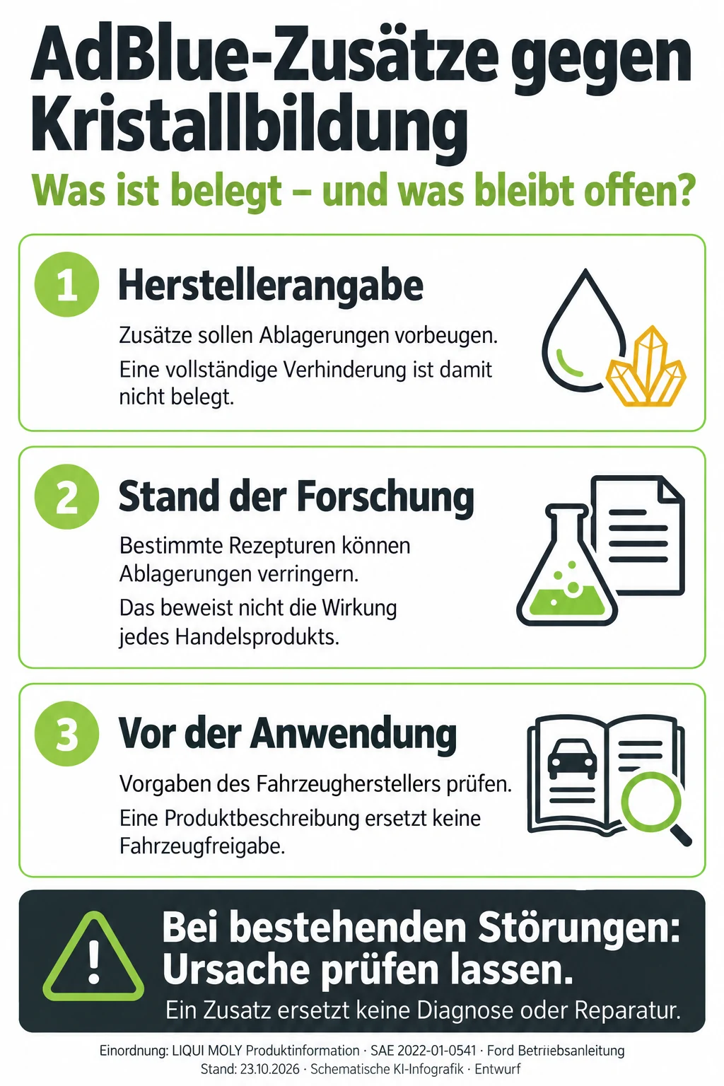 Infografik zu AdBlue-Zusätzen: Herstellerangaben sind kein vollständiger Wirksamkeitsnachweis; Forschung ist produktspezifisch einzuordnen und Fahrzeugvorgaben sind zu beachten.