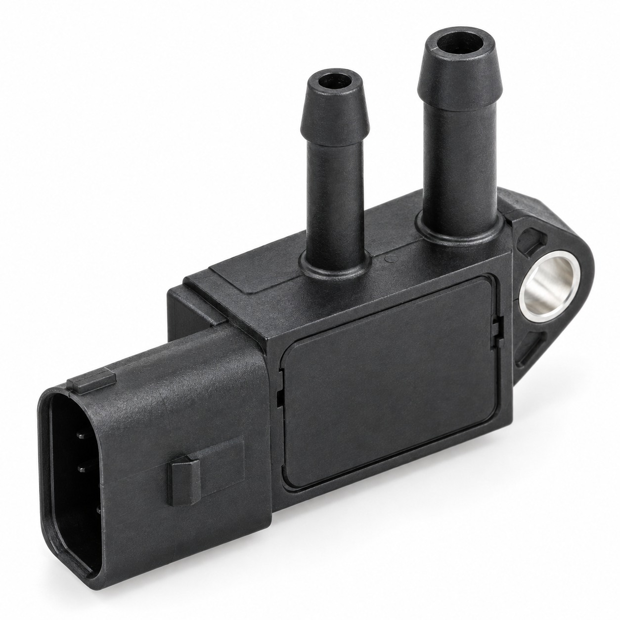 DPF-Differenzdrucksensor mit zwei Druckanschlüssen, elektrischem Steckanschluss und Befestigungsöse